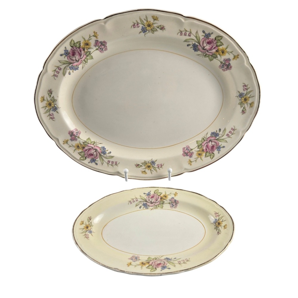 Edwin M Knowles Floral Platters Set 2 Vintage Oval Serving Dishes Cream Gold